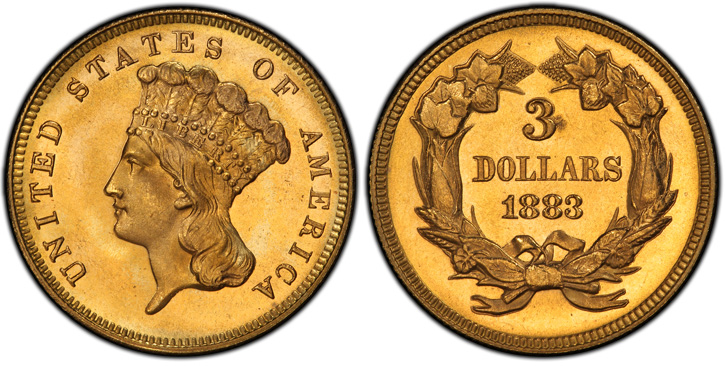 1883 Three-Dollar Gold Piece. MS-66+ (PCGS).